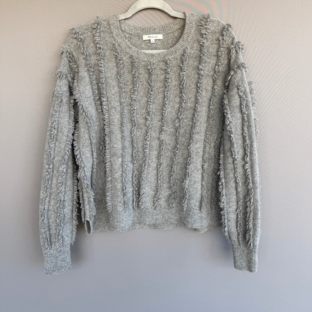 Madewell 100% Merino Wool Gray sweater - crew neck fringe Textured Fuzzy size S